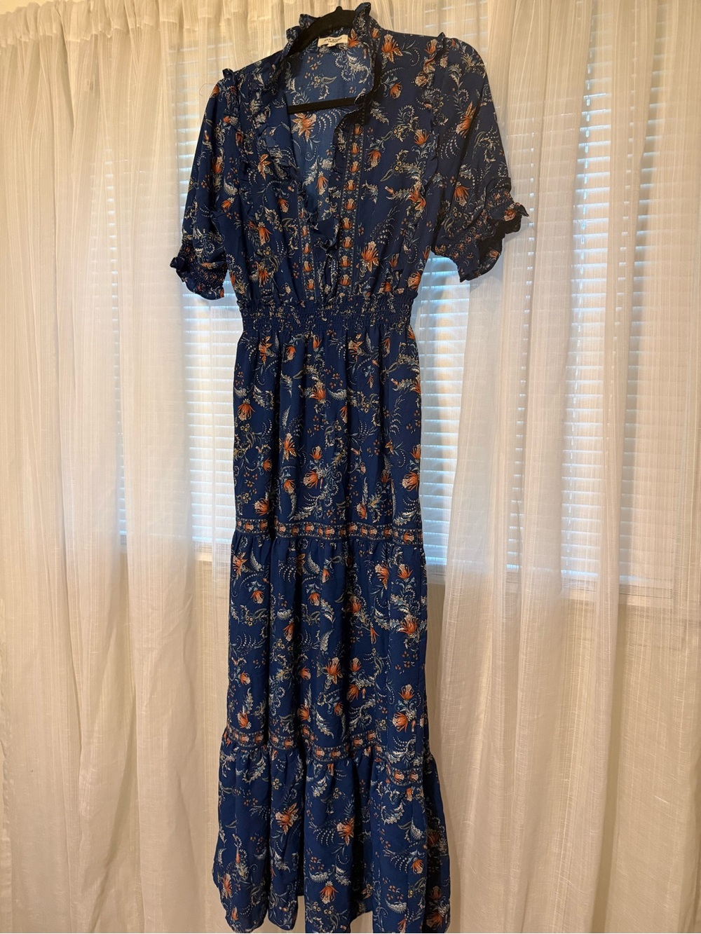 Max Studio Navy Floral Maxi Dress with Rust orange  Accents size l but really m